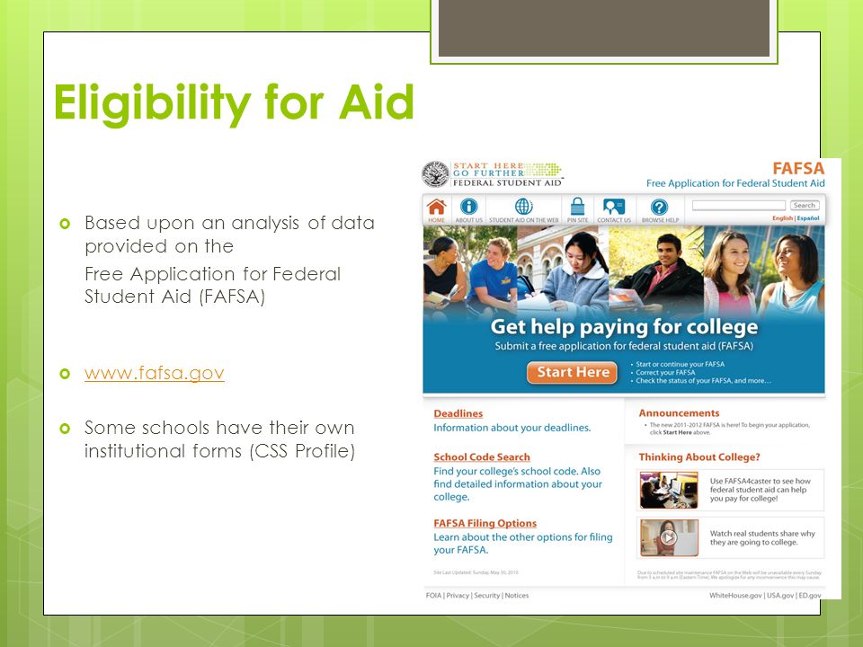 Eligibility for Aid Based upon an analysis of data provided on the