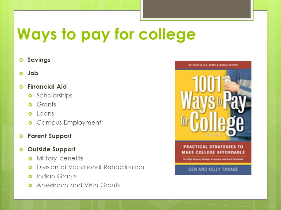 Ways to pay for college Savings Job Financial Aid Scholarships Grants