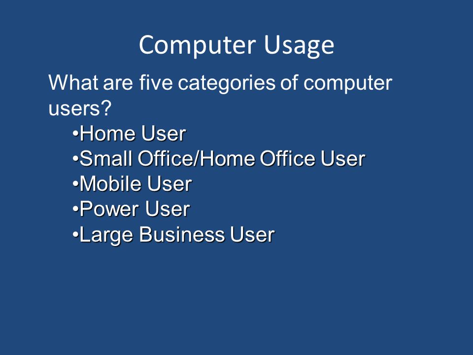 Computer Usage What are five categories of computer users Home User