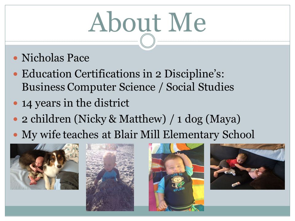 About Me Nicholas Pace. Education Certifications in 2 Discipline’s: Business Computer Science / Social Studies.