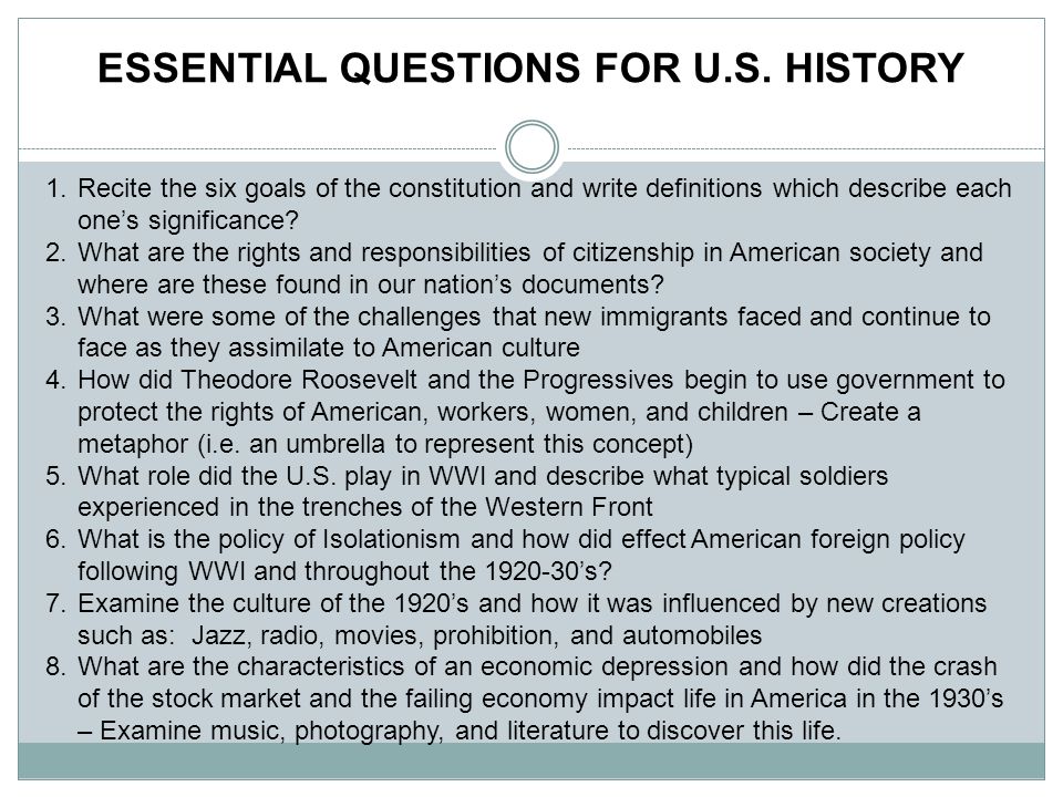 ESSENTIAL QUESTIONS FOR U.S. HISTORY