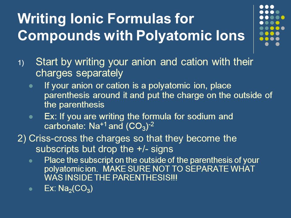 Writing Ionic Formulas for Compounds with Polyatomic Ions
