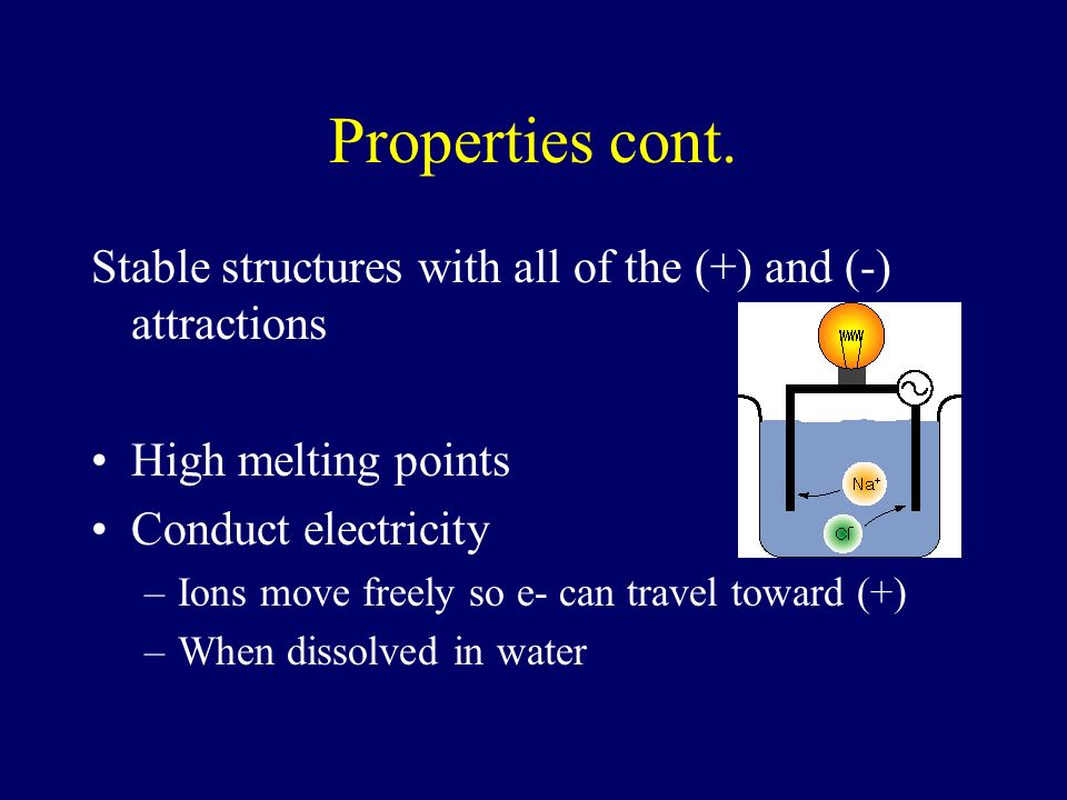 Properties cont. Stable structures with all of the (+) and (-) attractions. High melting points. Conduct electricity.