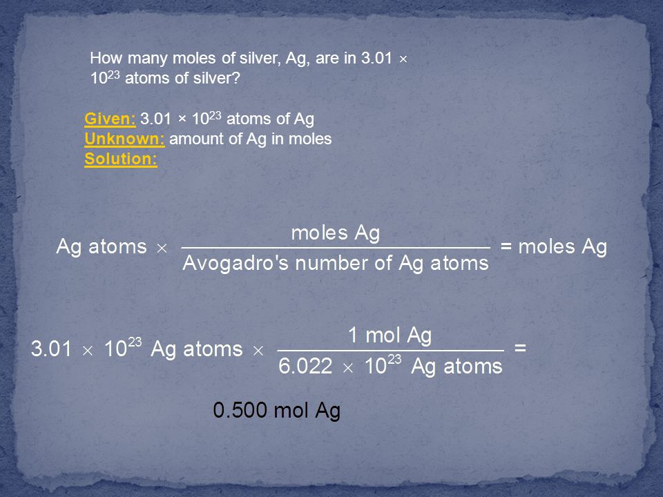How many moles of silver, Ag, are in 3.01  1023 atoms of silver