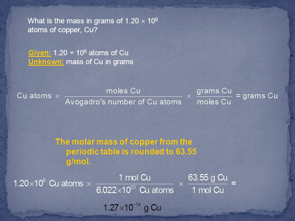 What is the mass in grams of 1.20  108 atoms of copper, Cu