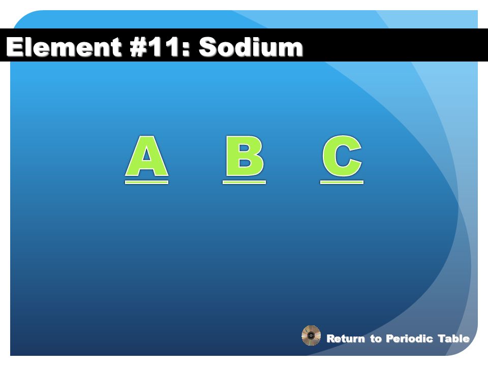 Element #11: Sodium A B C Return to Periodic Table