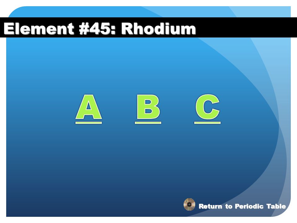 Element #45: Rhodium A B C Return to Periodic Table