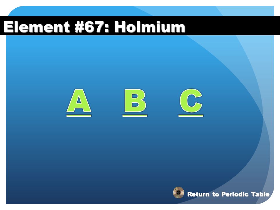 Element #67: Holmium A B C Return to Periodic Table