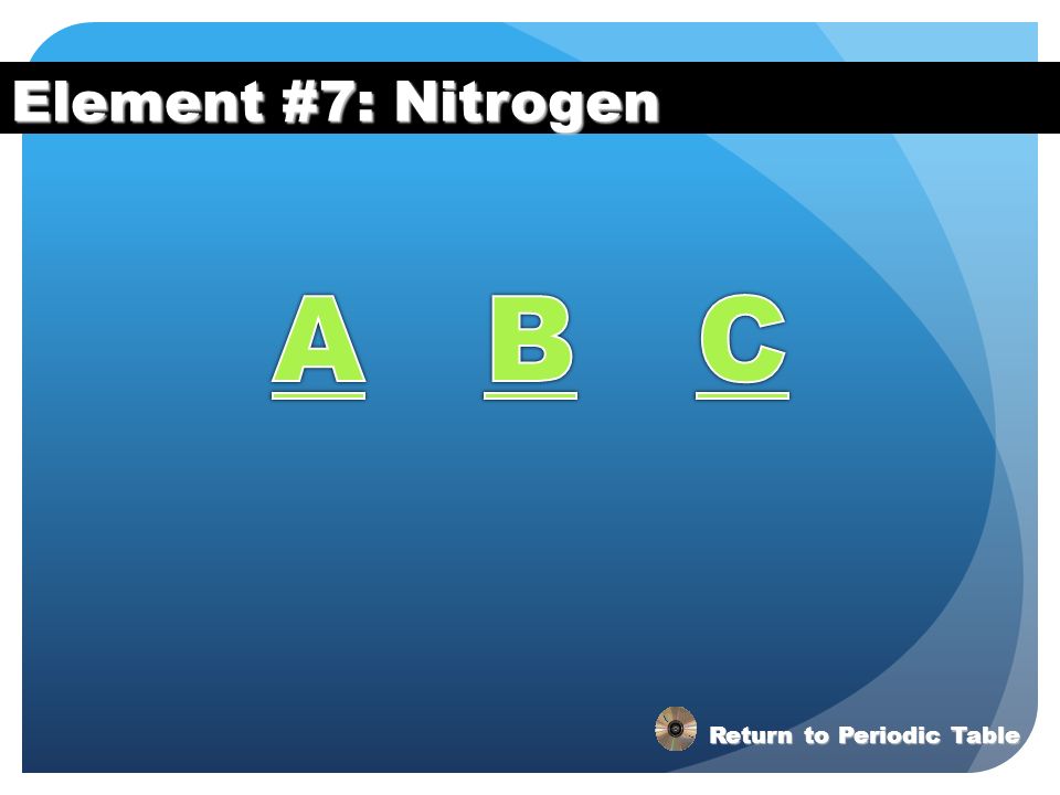 Element #7: Nitrogen A B C Return to Periodic Table