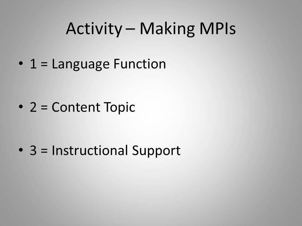 Activity – Making MPIs 1 = Language Function 2 = Content Topic