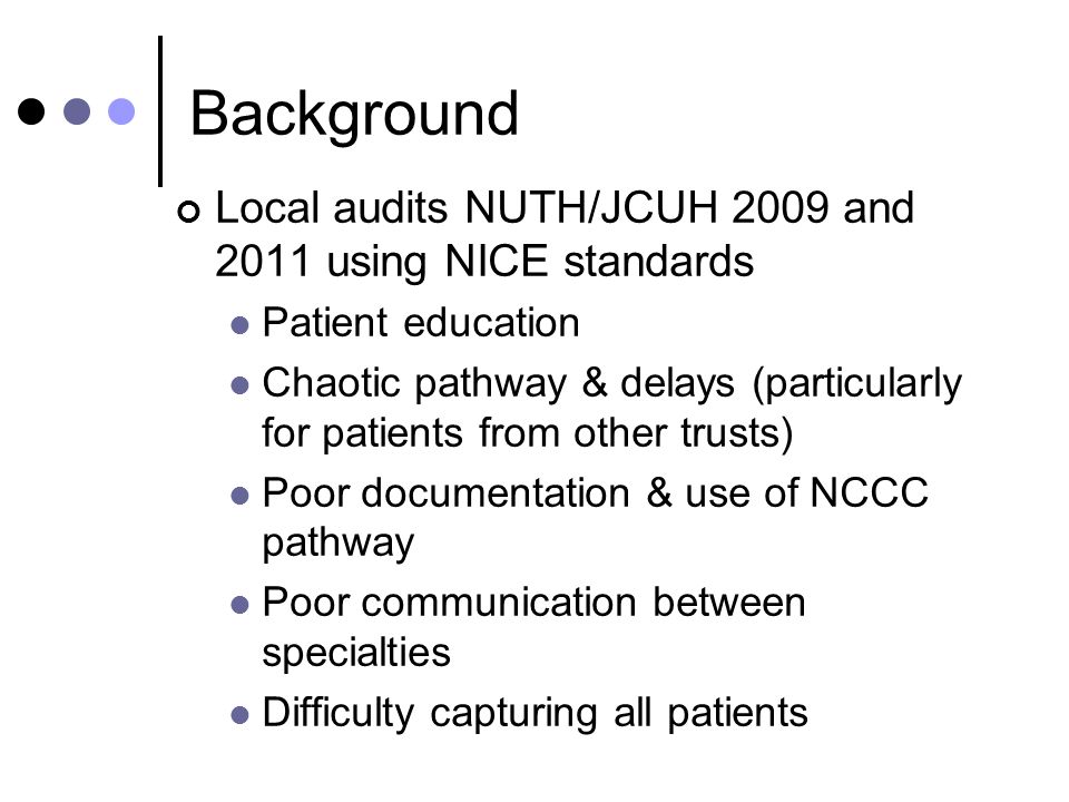 Background Local audits NUTH/JCUH 2009 and 2011 using NICE standards