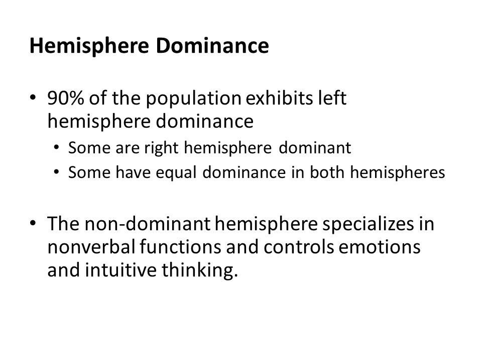 Hemisphere Dominance 90% of the population exhibits left hemisphere dominance. Some are right hemisphere dominant.