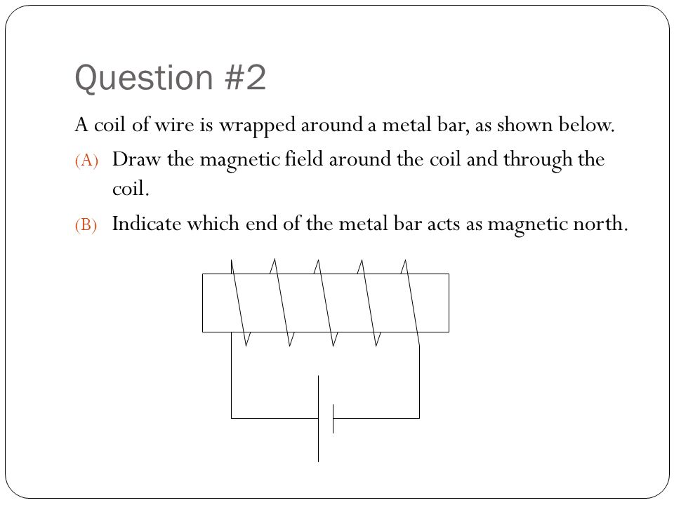 Question #2 A coil of wire is wrapped around a metal bar, as shown below. Draw the magnetic field around the coil and through the coil.