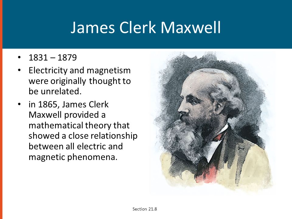 James Clerk Maxwell 1831 – Electricity and magnetism were originally thought to be unrelated.