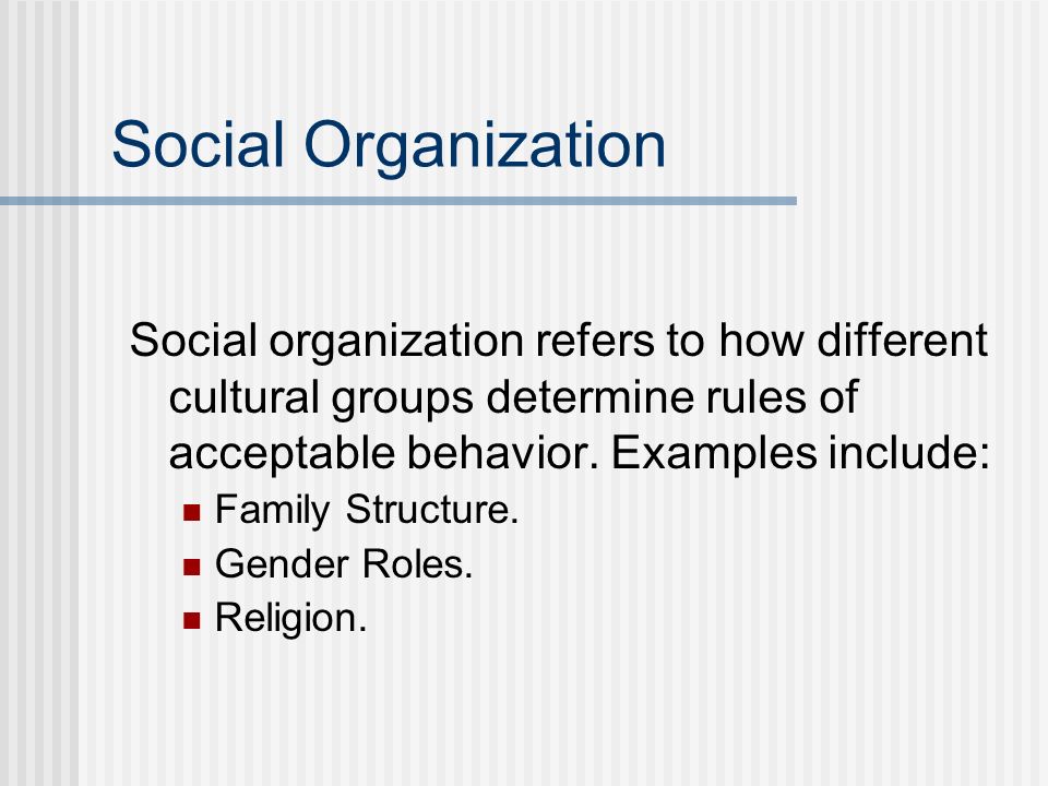 Social Organization Social organization refers to how different cultural groups determine rules of acceptable behavior. Examples include: