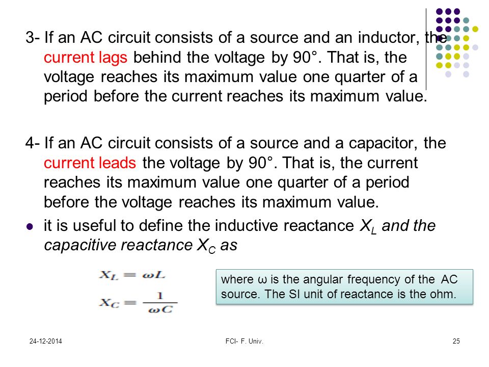 3- If an AC circuit consists of a source and an inductor, the current lags behind the voltage by 90°. That is, the voltage reaches its maximum value one quarter of a period before the current reaches its maximum value.