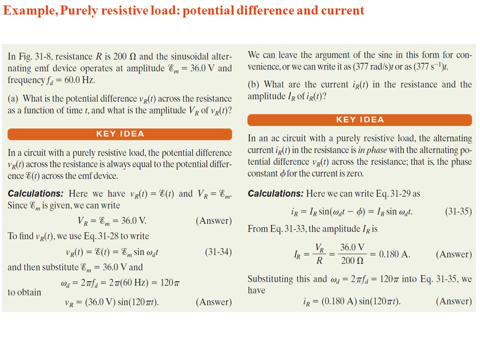 Example, Purely resistive load: potential difference and current