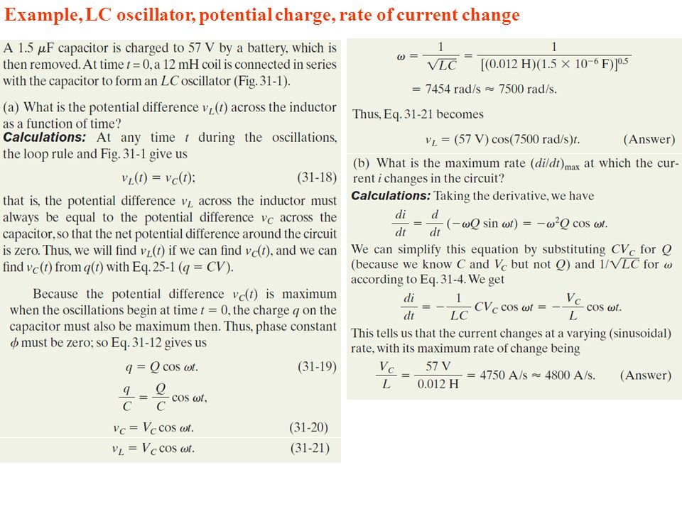 Example, LC oscillator, potential charge, rate of current change