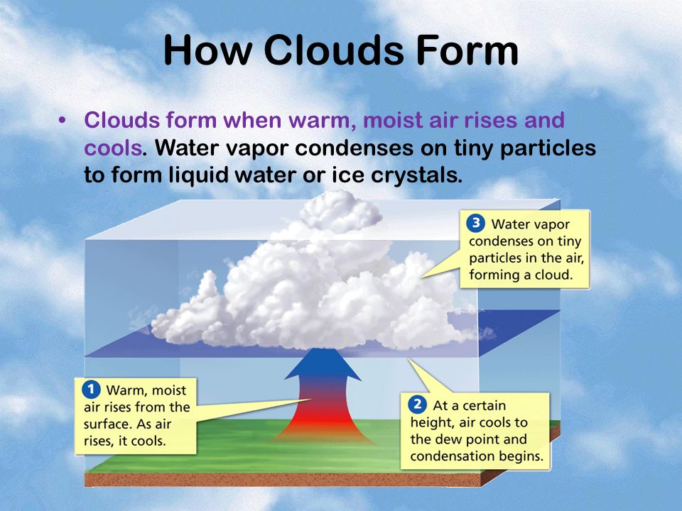 How Clouds Form Clouds form when warm, moist air rises and cools.
