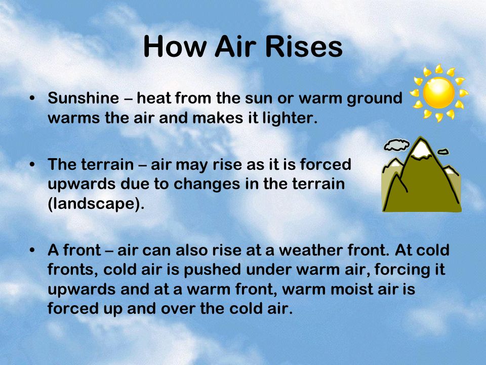 How Air Rises Sunshine – heat from the sun or warm ground warms the air and makes it lighter.