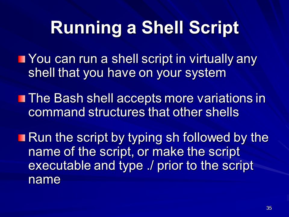 Running a Shell Script You can run a shell script in virtually any shell that you have on your system.