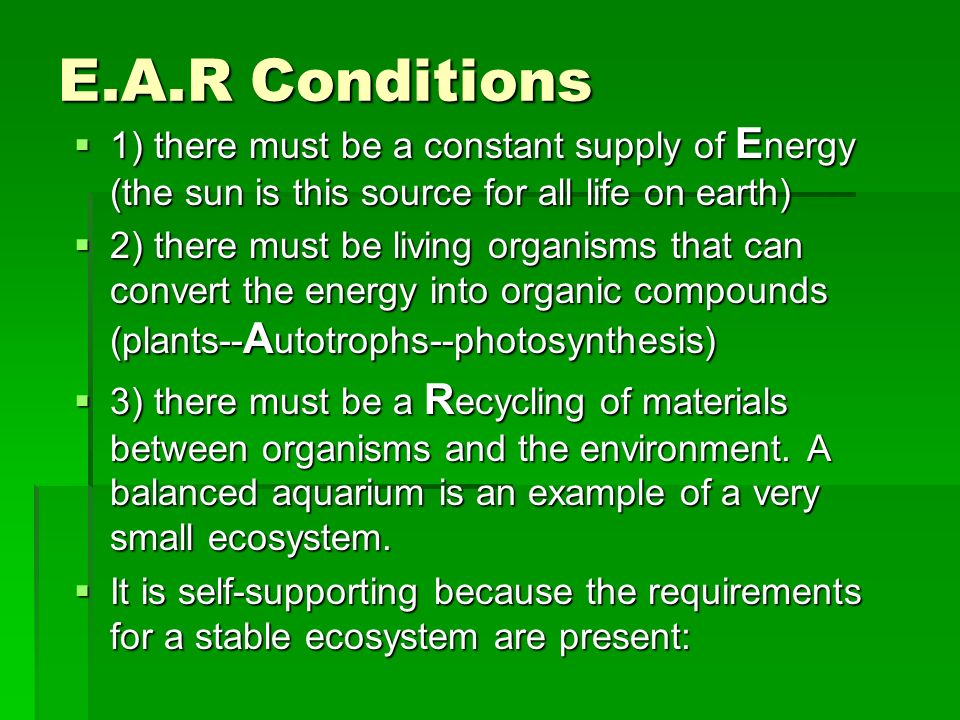 E.A.R Conditions 1) there must be a constant supply of Energy (the sun is this source for all life on earth)