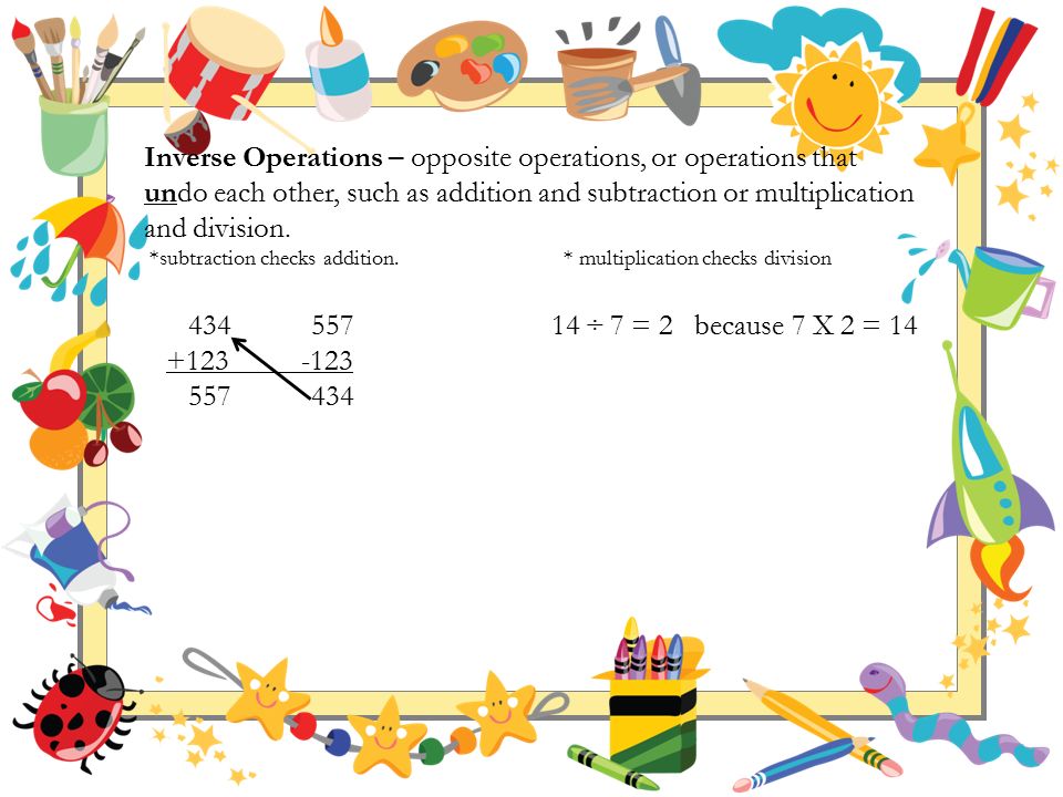 Inverse Operations – opposite operations, or operations that undo each other, such as addition and subtraction or multiplication and division.