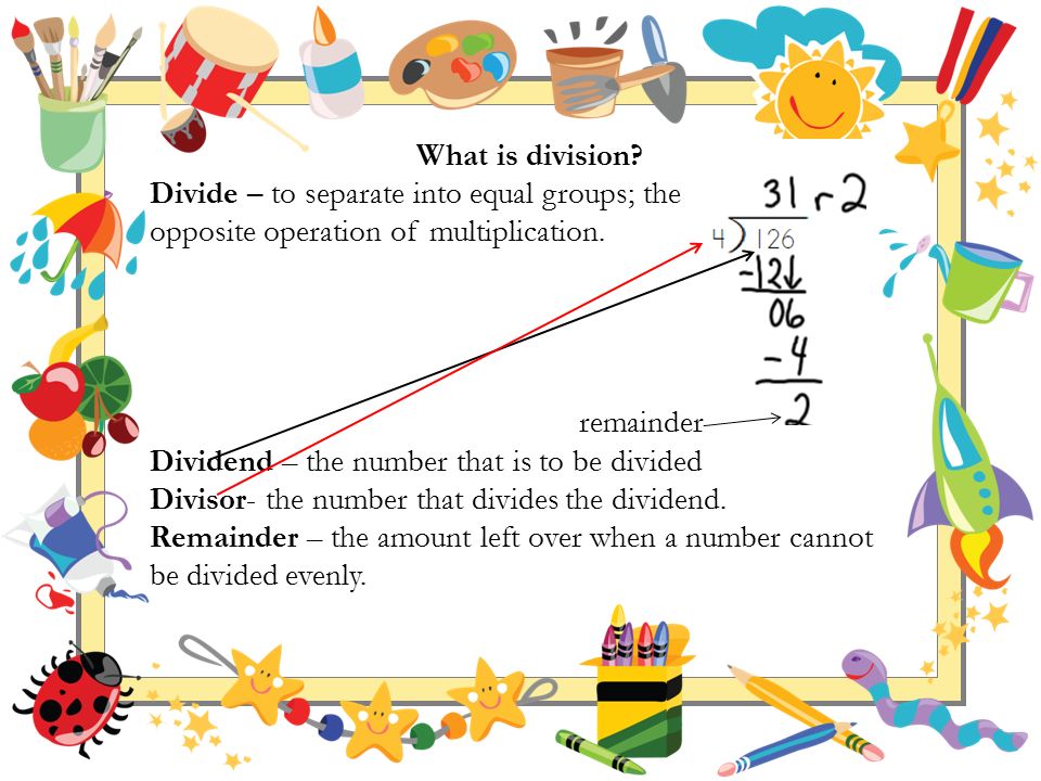What is division Divide – to separate into equal groups; the. opposite operation of multiplication.