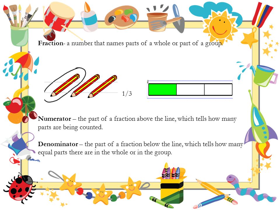 Fraction- a number that names parts of a whole or part of a group.