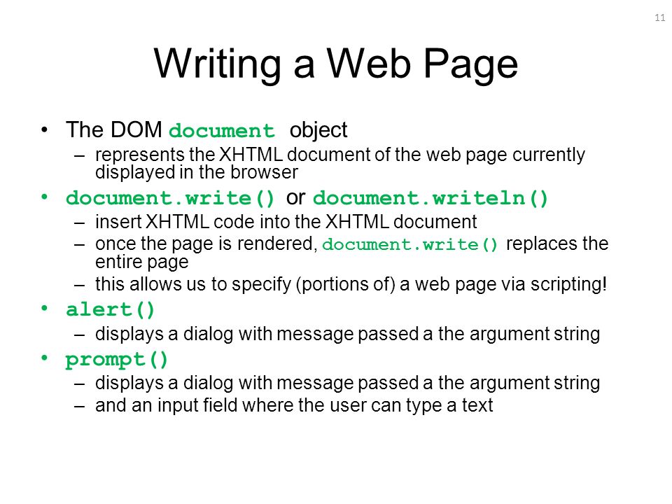Writing a Web Page The DOM document object