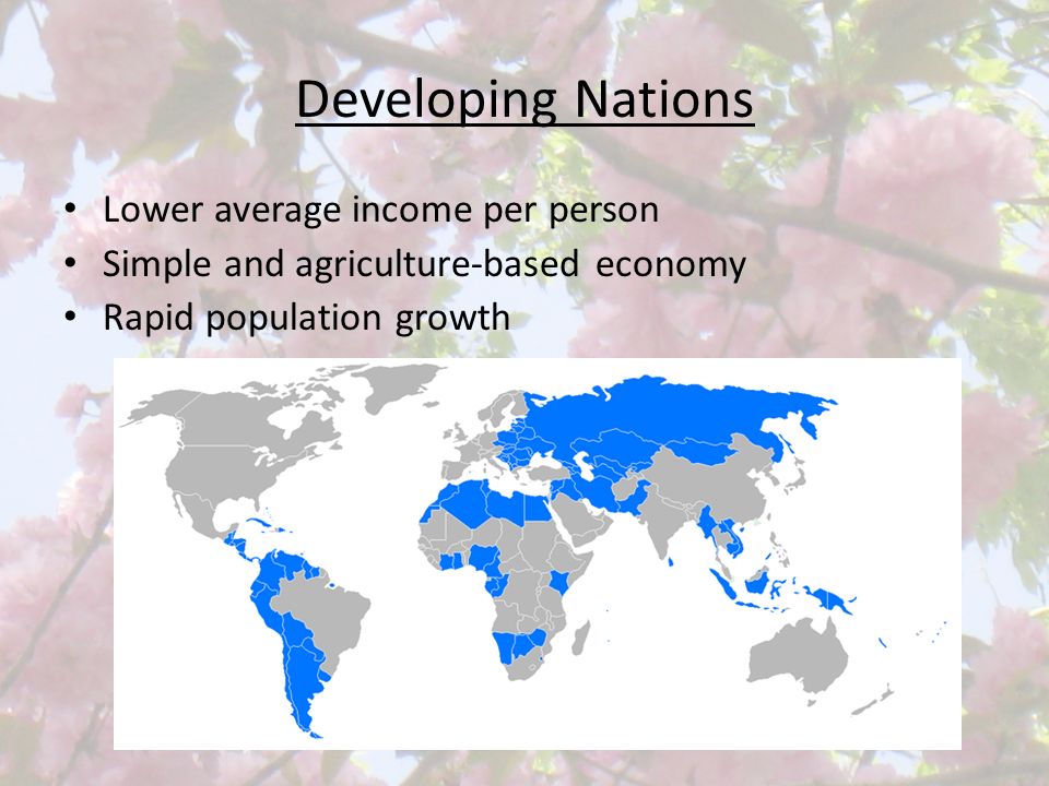 Developing Nations Lower average income per person