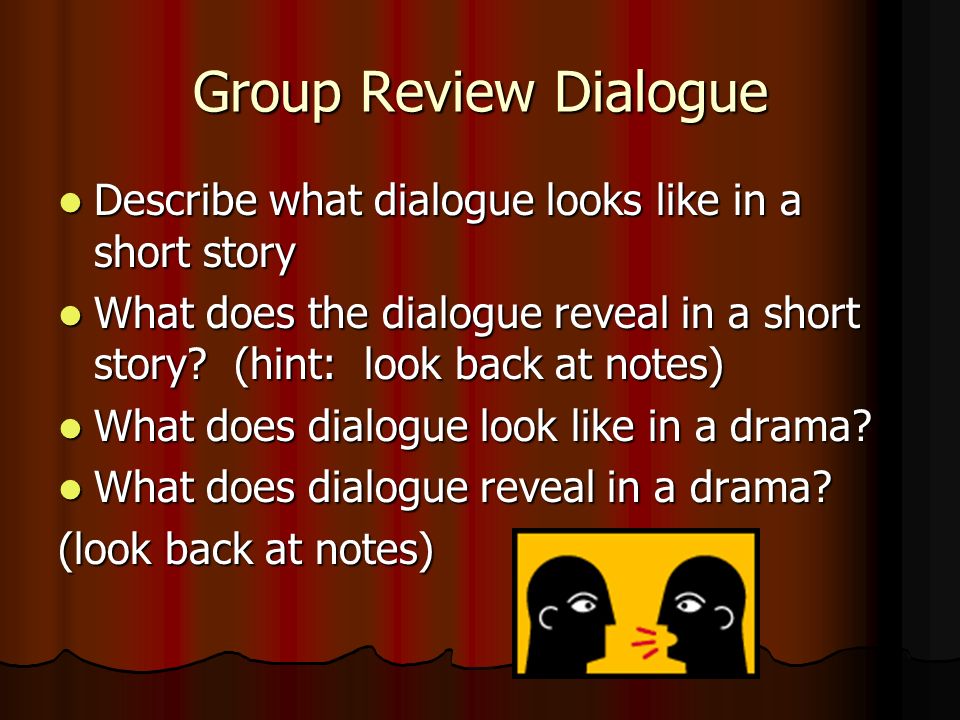 Group Review Dialogue Describe what dialogue looks like in a short story.