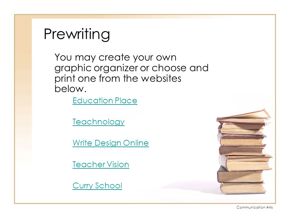 Prewriting You may create your own graphic organizer or choose and print one from the websites below.