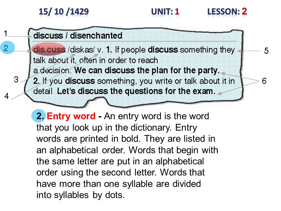 15/ 10 /1429 Unit: 1 Lesson: 2 2. Entry word - An entry word is the word. that you look up in the dictionary. Entry.