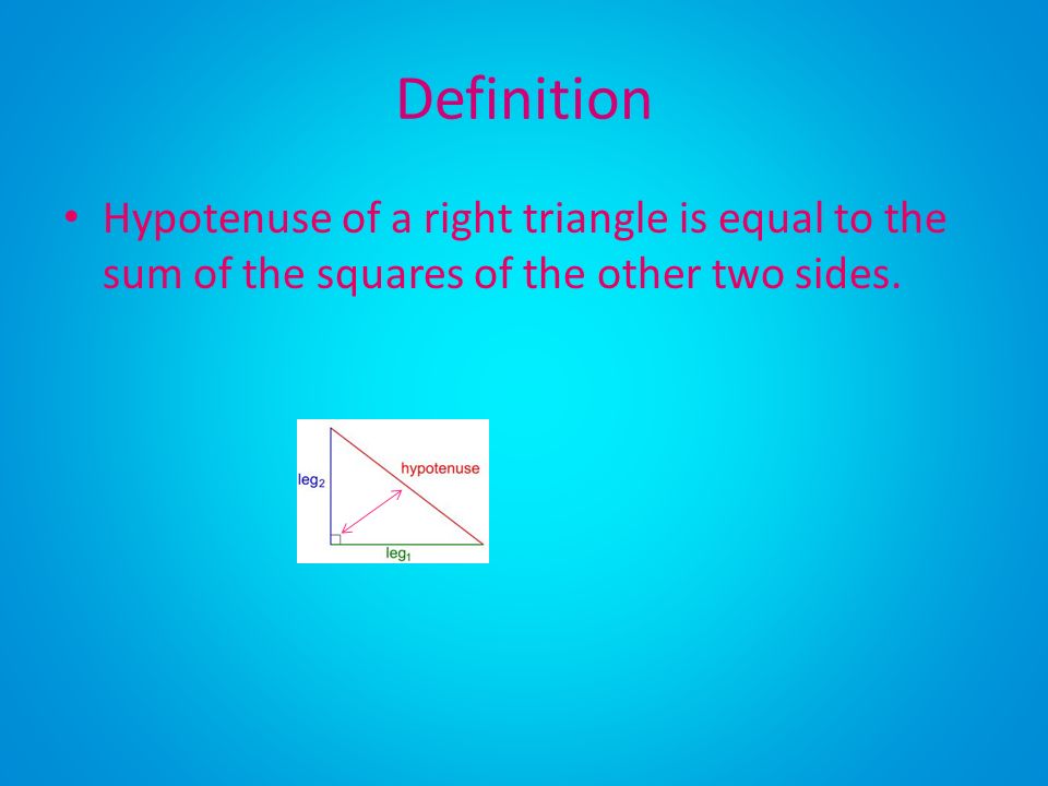 Definition Hypotenuse of a right triangle is equal to the sum of the squares of the other two sides.