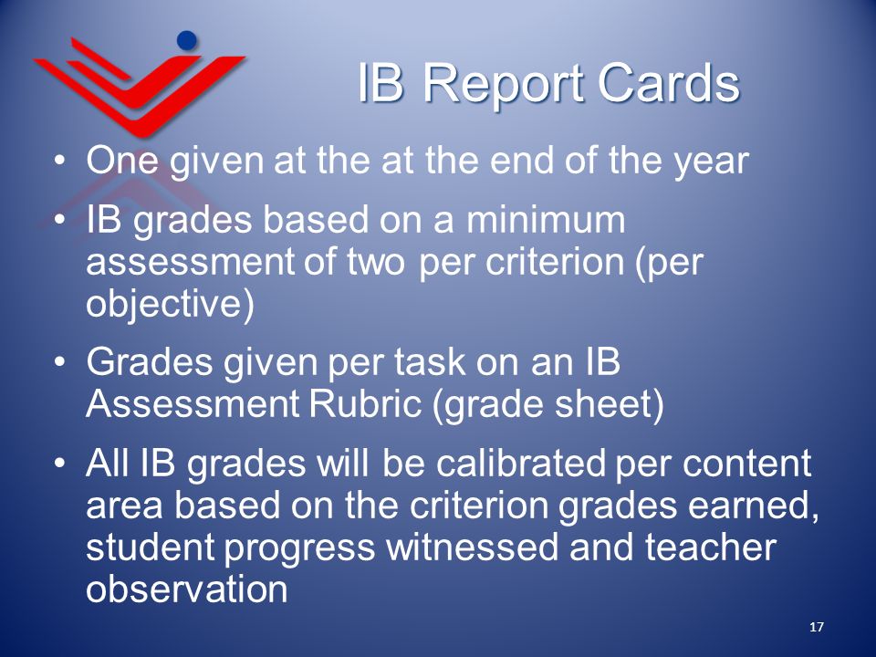 IB Report Cards One given at the at the end of the year