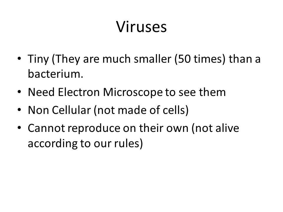 Viruses Tiny (They are much smaller (50 times) than a bacterium.