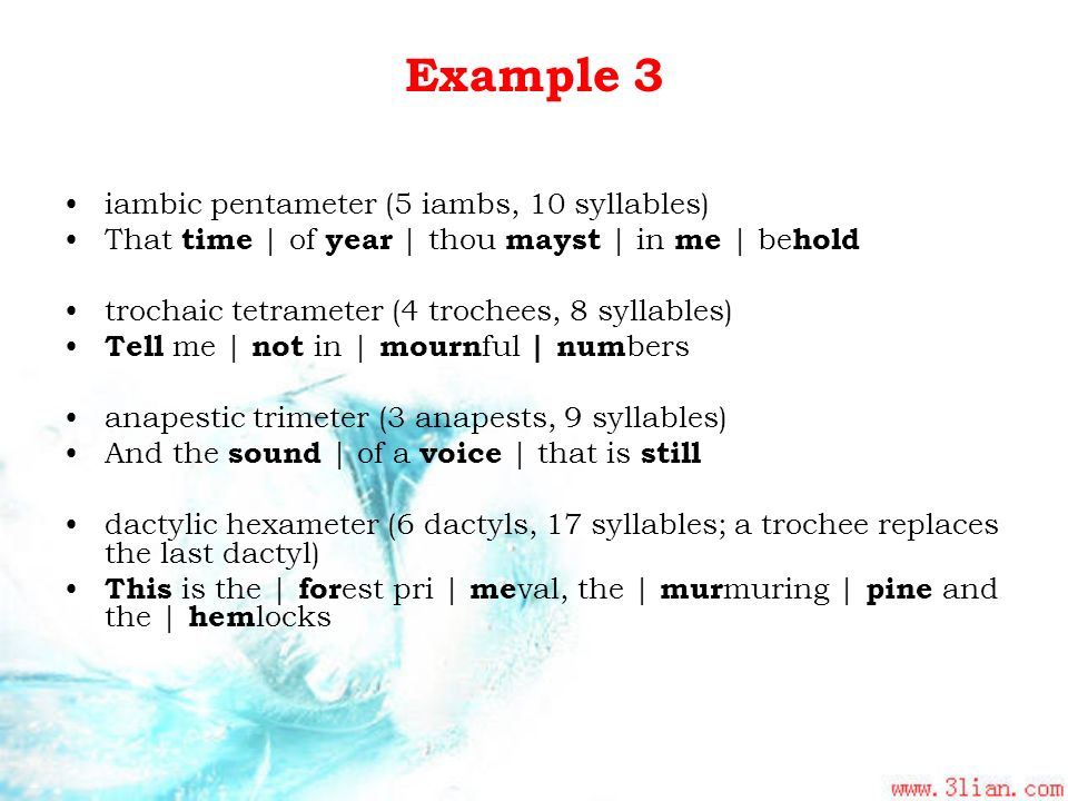Example 3 iambic pentameter (5 iambs, 10 syllables)