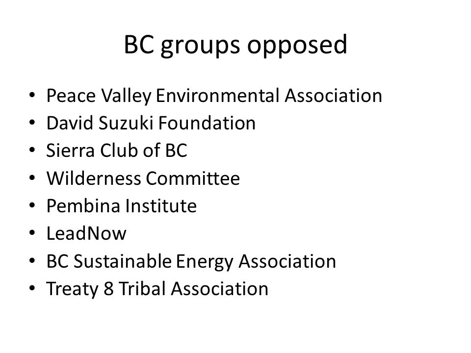 BC groups opposed Peace Valley Environmental Association