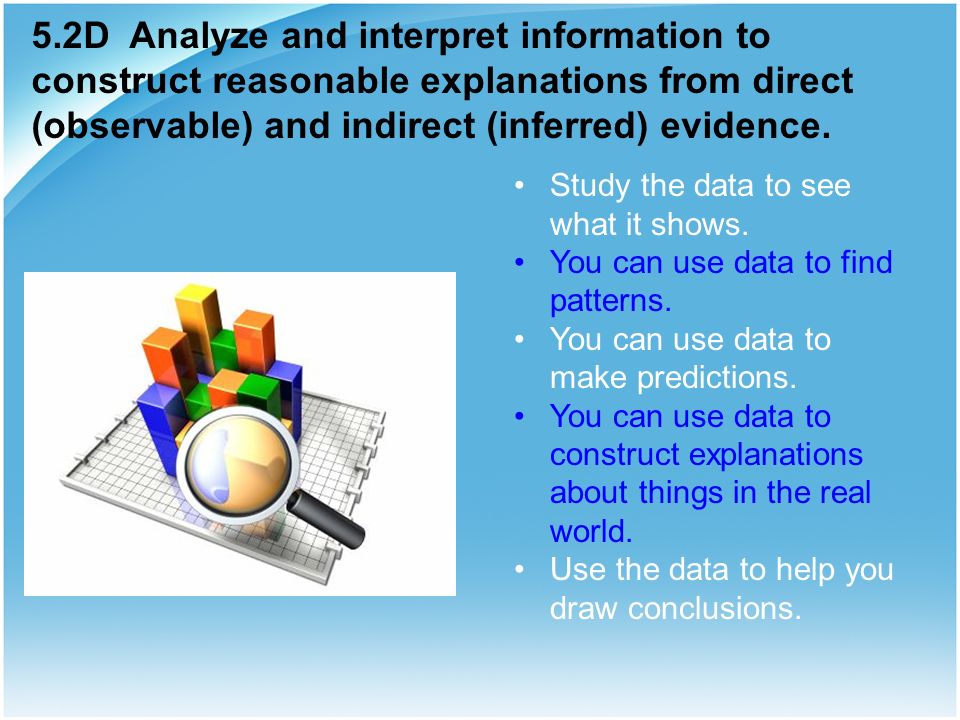 5.2D Analyze and interpret information to construct reasonable explanations from direct (observable) and indirect (inferred) evidence.