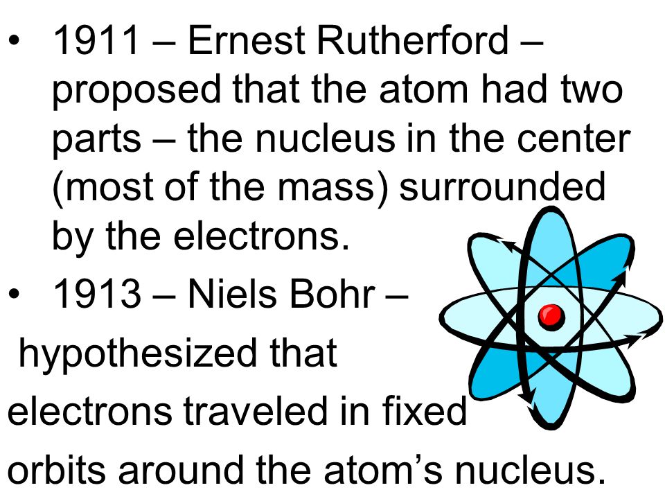 1911 – Ernest Rutherford – proposed that the atom had two parts – the nucleus in the center (most of the mass) surrounded by the electrons.