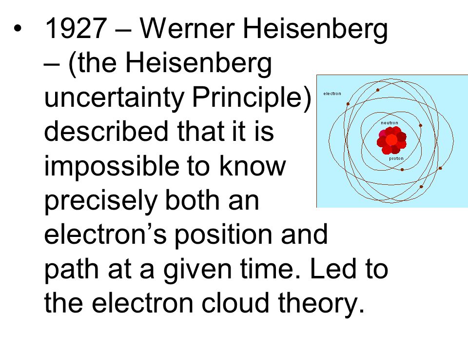 1927 – Werner Heisenberg – (the Heisenberg uncertainty Principle) described that it is impossible to know precisely both an electron’s position and path at a given time.