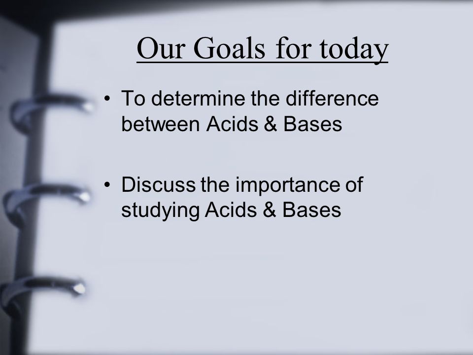 Our Goals for today To determine the difference between Acids & Bases
