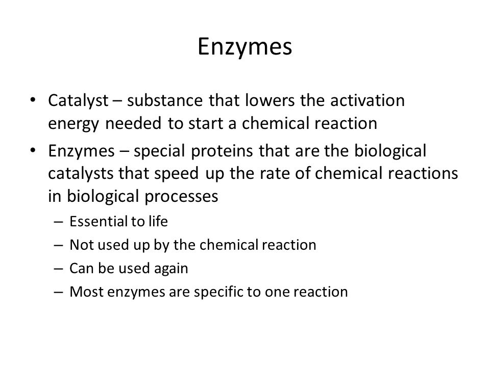 Enzymes Catalyst – substance that lowers the activation energy needed to start a chemical reaction.