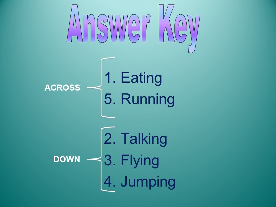 1. Eating 5. Running 2. Talking 3. Flying 4. Jumping Answer Key ACROSS