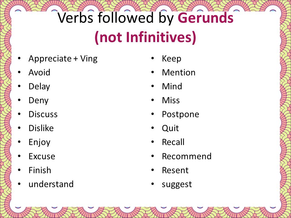 Verbs followed by Gerunds (not Infinitives)