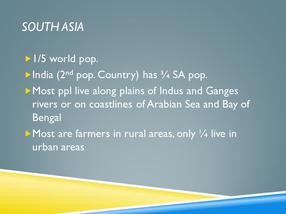 SOUTH ASIA 1/5 world pop. India (2nd pop. Country) has ¾ SA pop.