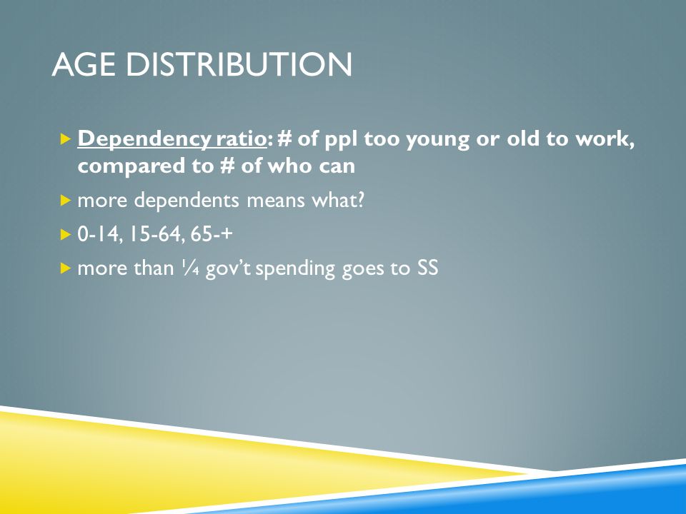 AGE distribution Dependency ratio: # of ppl too young or old to work, compared to # of who can. more dependents means what