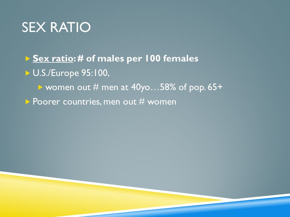 SEX ratio Sex ratio: # of males per 100 females U.S./Europe 95:100,