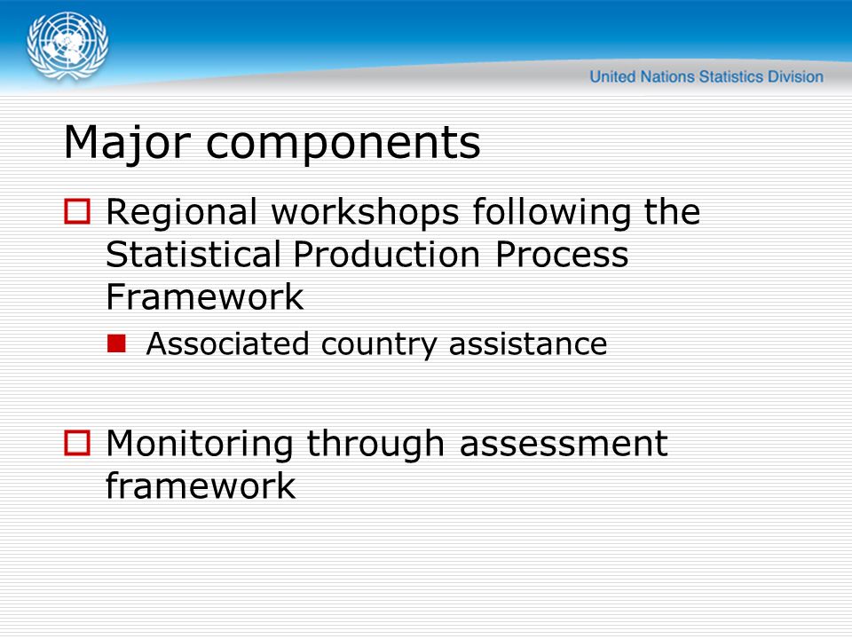 Major components Regional workshops following the Statistical Production Process Framework. Associated country assistance.